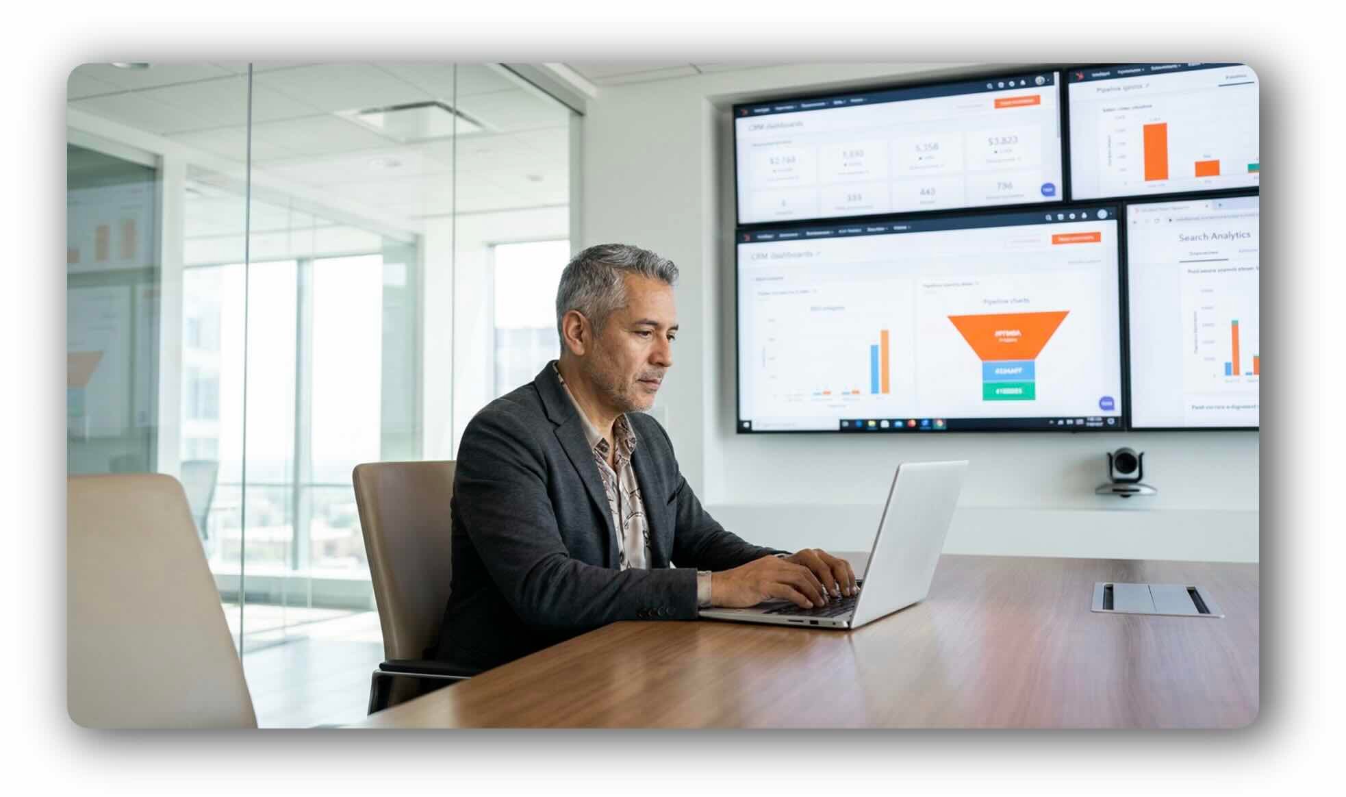 Business professional analyzing SEO, AI visibility, and digital marketing performance data on multiple dashboards.