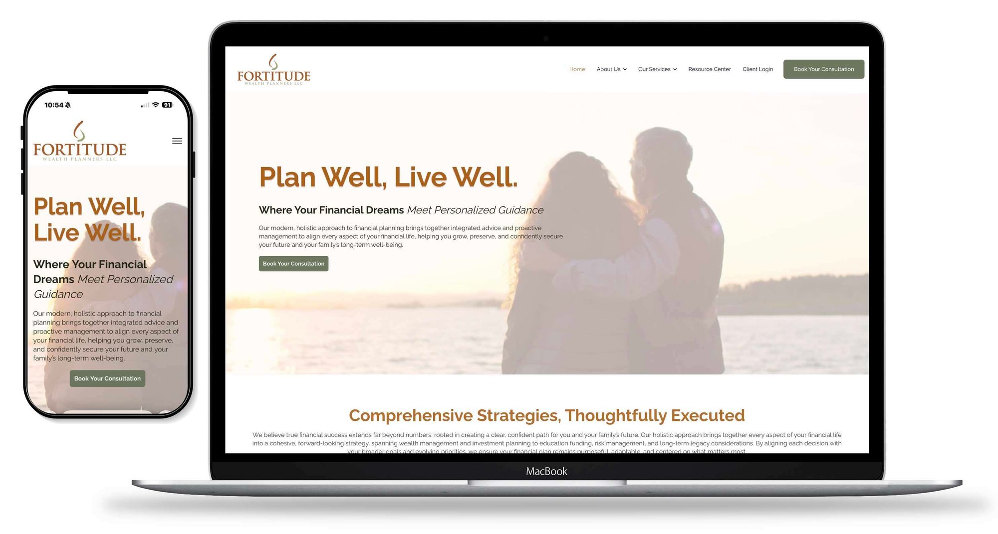 screen shots mobile device and laptop showcasing the Fortitude Wealth Planners website