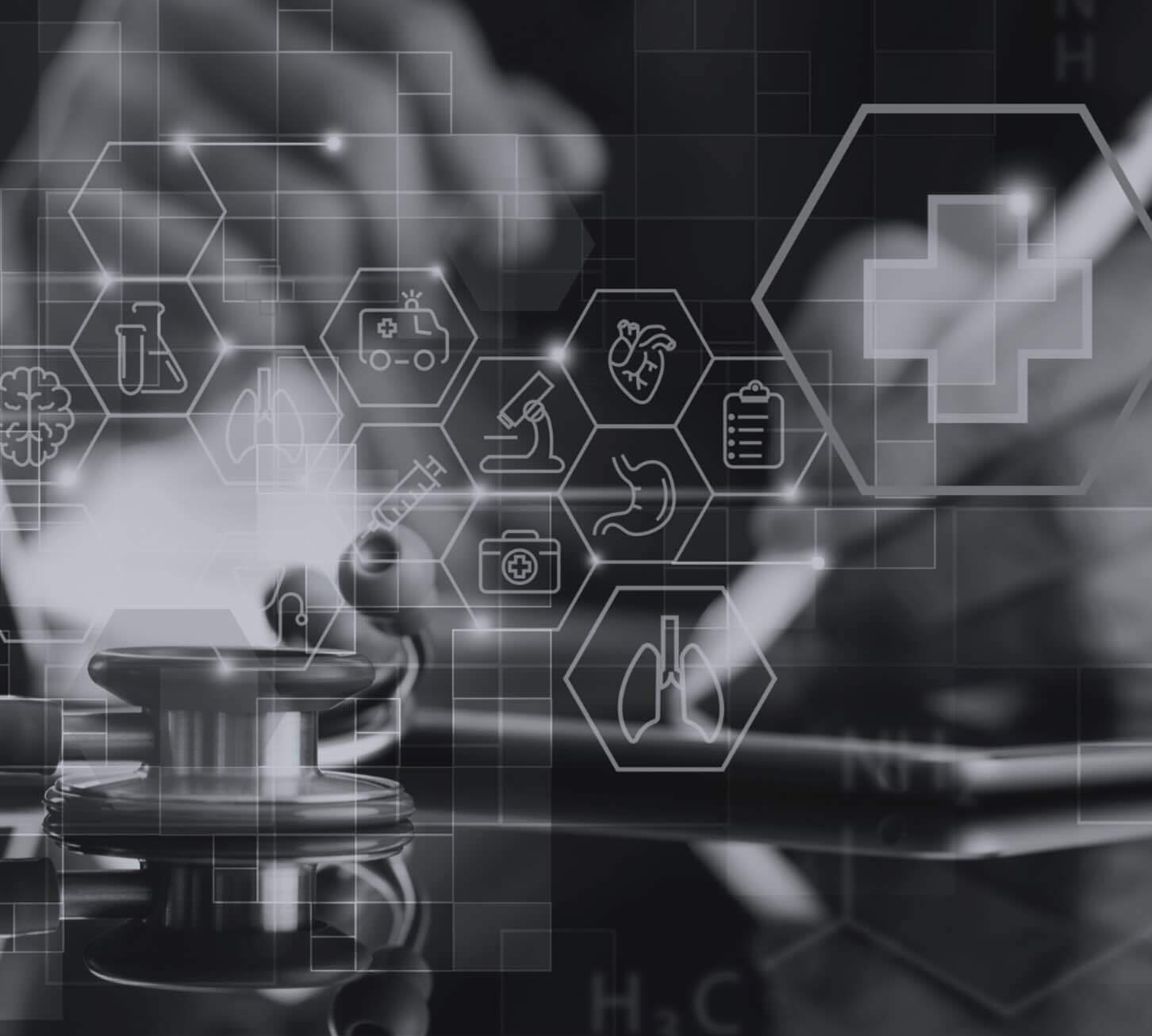 graphic image with combination of items and icons to represent healthcare services