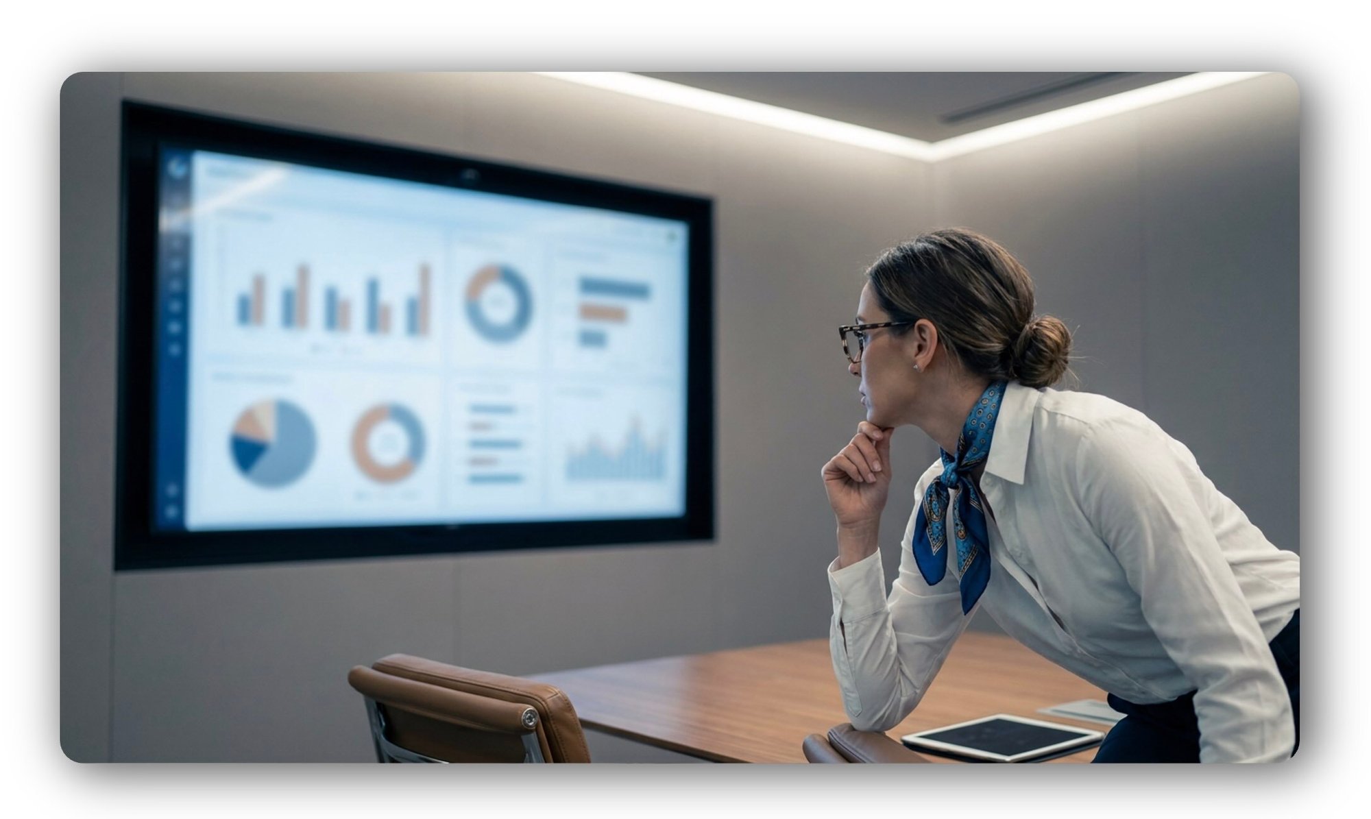 Insurance executive examining performance dashboards in a conference room on a large screen