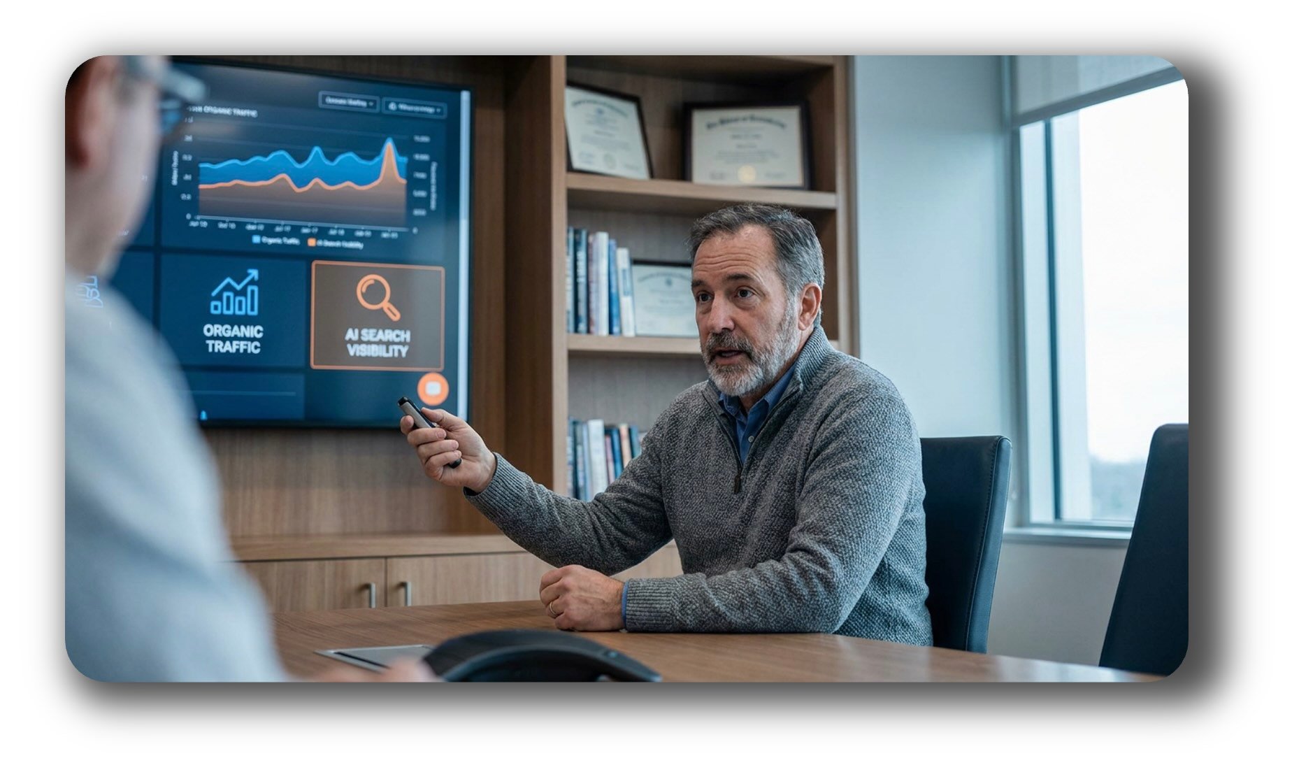 image of an attorney in a meeting with his partners discussing SEO and ai visibility strategies for his law firm