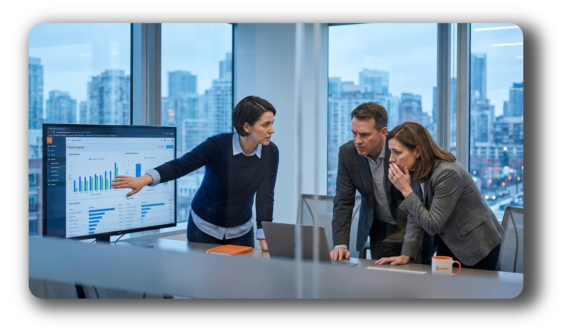 law firm leadership team meeting in conference room reviewing marketing dashboards with concern