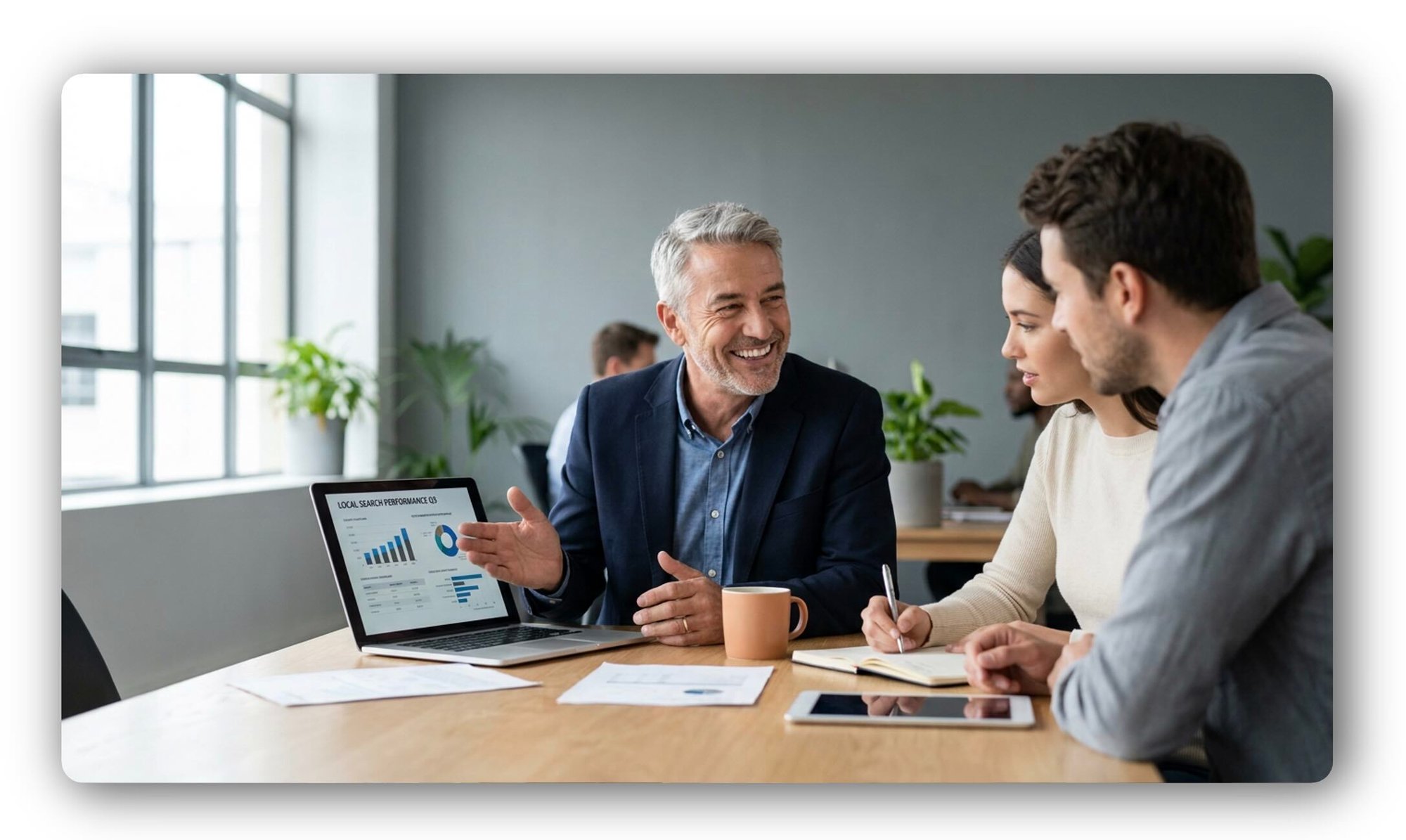 A Professional services consultant meeting with clients at a table and walking them through performance reporting
