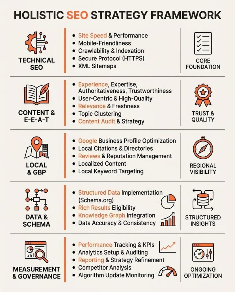 Vertical infographic showing a five-pillar AI and SEO audit framework
