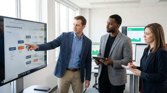 Three executives collaborate around a large screen showing a website growth roadmap that links SEO, analytics, and lead-generation metrics. Three executives collaborate around a large screen showing a website growth roadmap that links SEO, analytics, and lead-generation metrics.