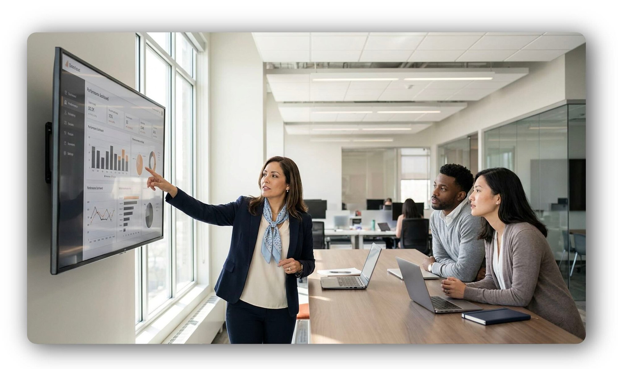 An image of a healthcare marketing team collaborating around a conference table review performance reports on a large screen