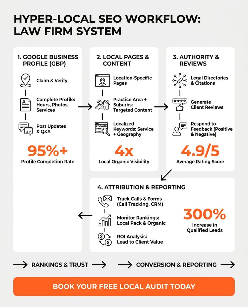 Infographic showing a four-part hyper-local SEO workflow for a law firm with connected cards for Google Business Profile, local pages, authority and reviews, and attribution,