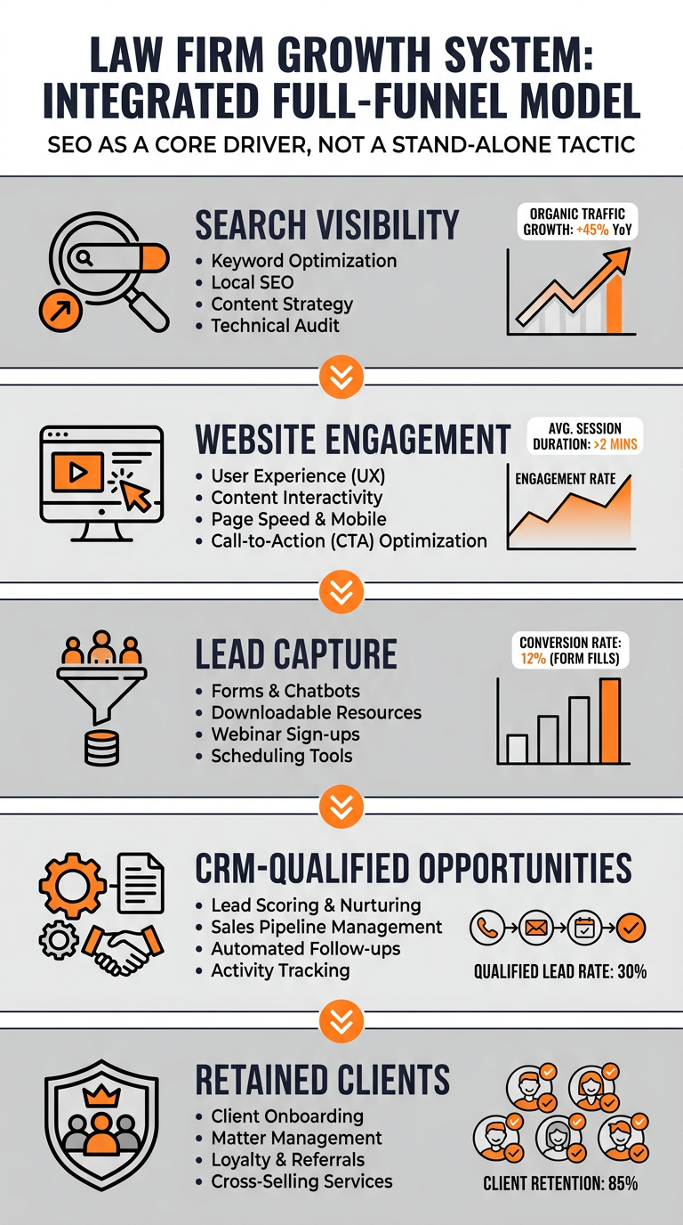 Vertical infographic showing a law firm growth funnel from search visibility through website engagement and lead capture to CRM-qualified opportunities and retained clients.
