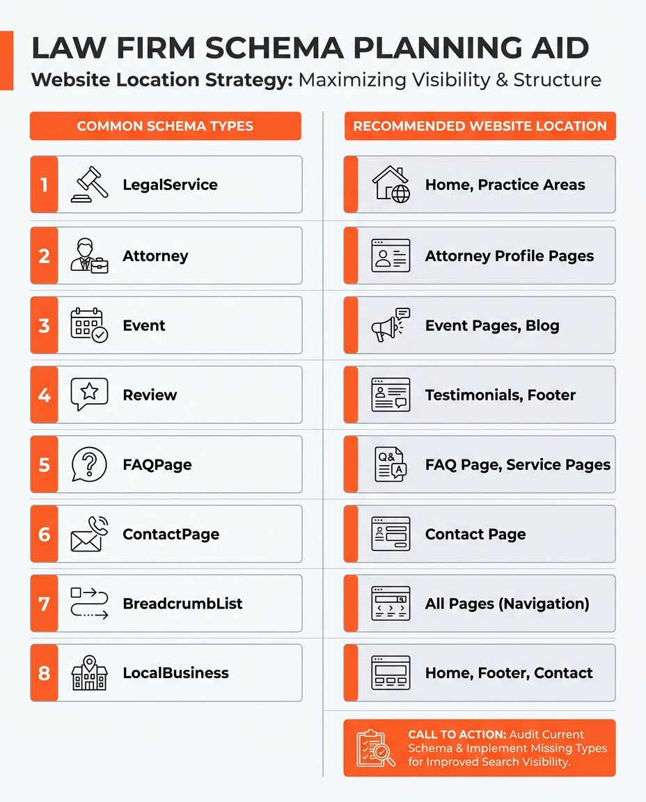 Infographic table showing common schema types for law firms paired with recommended website placements, presented as clean comparison cards with orange highlight bars and simple line icons for each row.