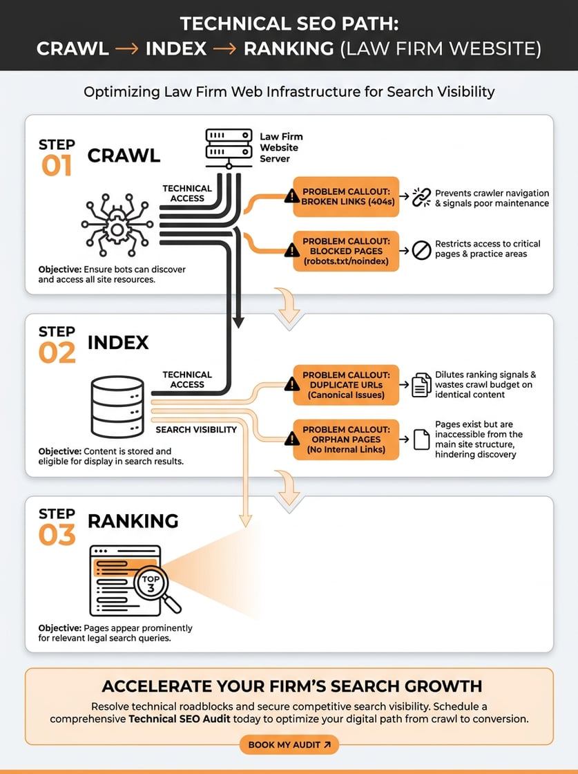 Vertical infographic showing a technical SEO funnel for a law firm website from crawl to index to ranking, with labelled problem points like broken links, blocked pages, duplicate URLs, and orphan pages, plus a clear bottom call-to-action. Clean panels, dark text, and orange callouts highlight priority issues and the relationship between technical access and search visibility.