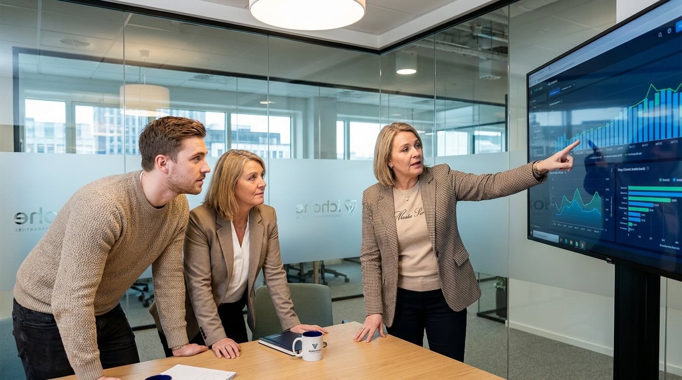 marketing leader reviewing dashboard in conference room