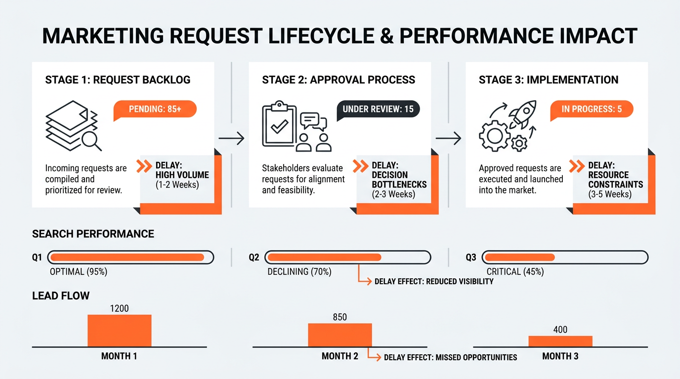 Infographic showing a left-to-right marketing workflow from backlog to approval to implementation, with highlighted handoff delays and small charts illustrating resulting drops in search performance and lead flow.