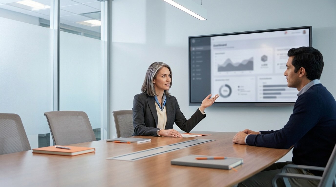 Professionals sitting around conference room discussing AI Search Professionals sitting around conference room discussing AI Search