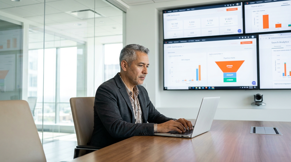 Business professional analyzing SEO, AI visibility, and digital marketing performance data on multiple dashboards. Business professional analyzing SEO, AI visibility, and digital marketing performance data on multiple dashboards.