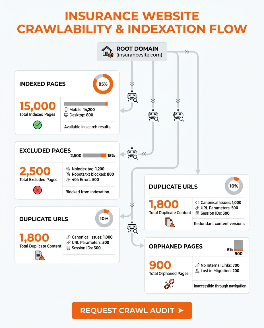 Infographic illustrating search bots crawling an insurance website architecture with vertical cards for indexed, excluded, duplicate, and orphaned pages, plus numeric callouts and a bottom CTA for a crawl audit.