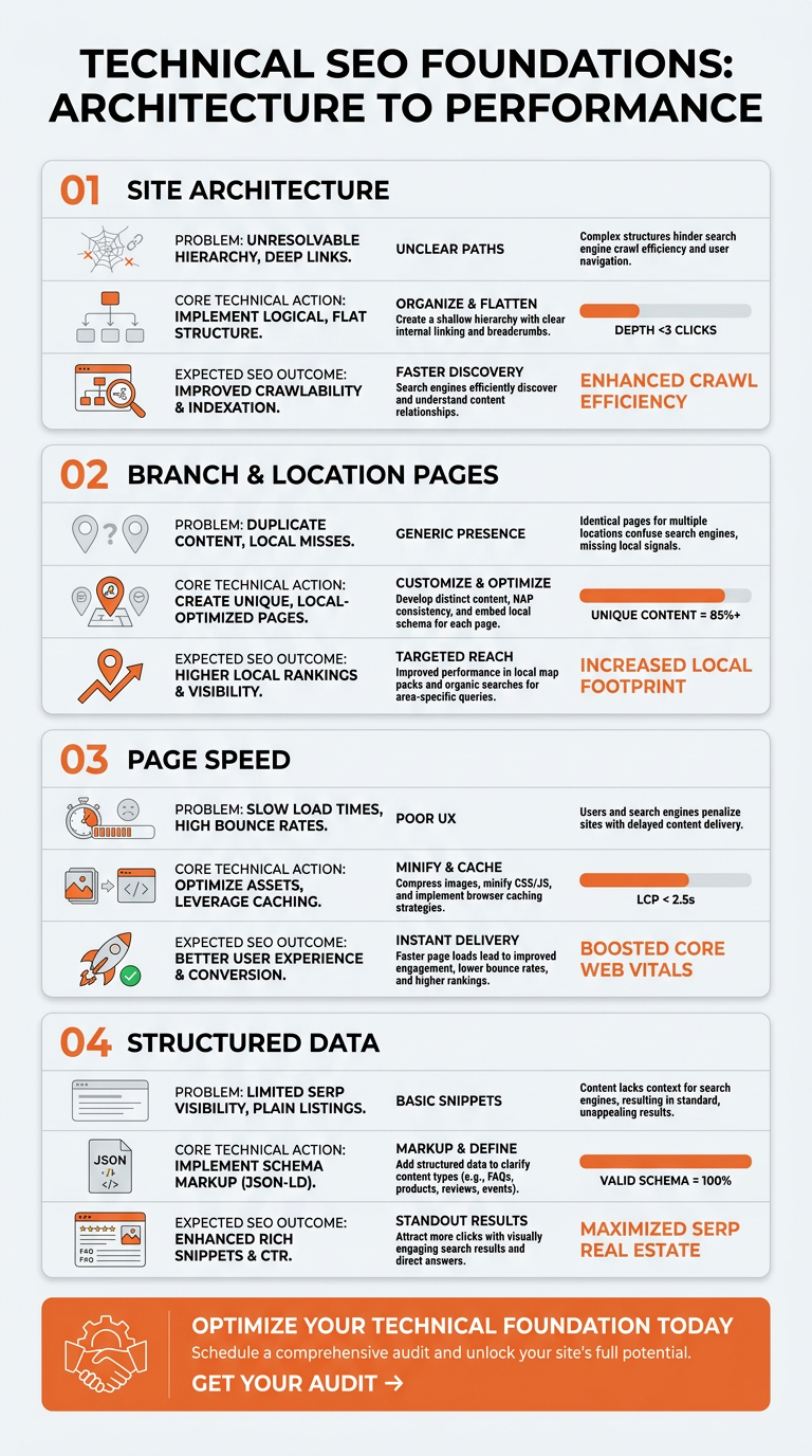 Vertical infographic comparing four technical SEO areas, site architecture, branch and location pages, page speed, and structured data.