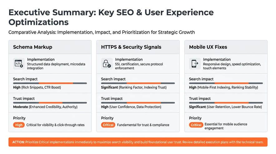 Infographic comparing schema markup, HTTPS and security signals, and mobile UX fixes in a three-card grid, with columns for implementation, search impact, trust impact, and priority; uses light panels and orange accents for priorities and a bottom call-to-action. Clean, flat corporate style with Montserrat typography and direct data labels for quick scanning.