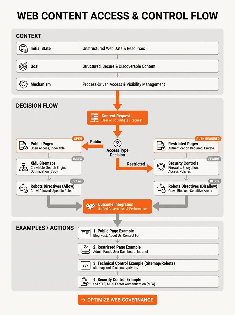 Vertical infographic showing a decision flow that maps public pages, restricted pages, XML sitemaps, robots directives, and security controls into separate sections with labeled steps and an orange call-to-action at the bottom for next steps.