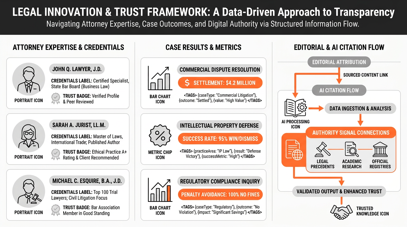Infographic showing a three-column website wireframe that maps attorney bios, case result cards, schema elements, and editorial attribution as connected authority signals supporting E-E-A-T and AI citation.