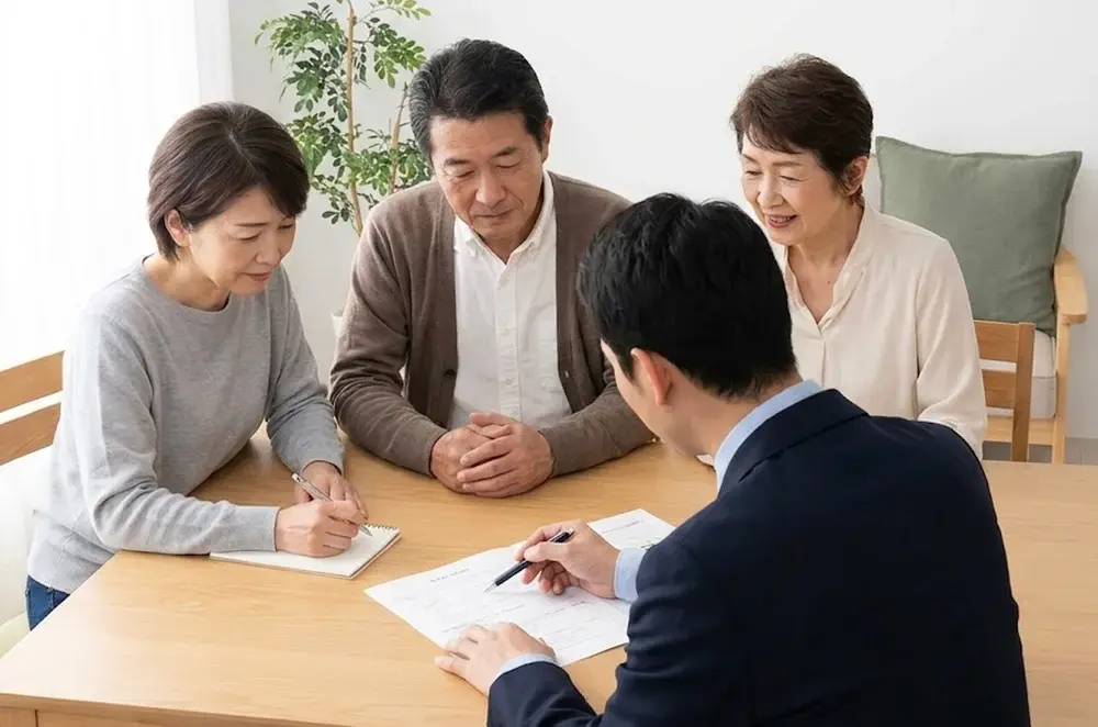 Family sitting at table with financial advisors discussing tax planning strategies