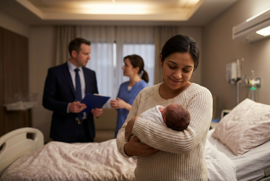 Mother comforting new born baby in hospital