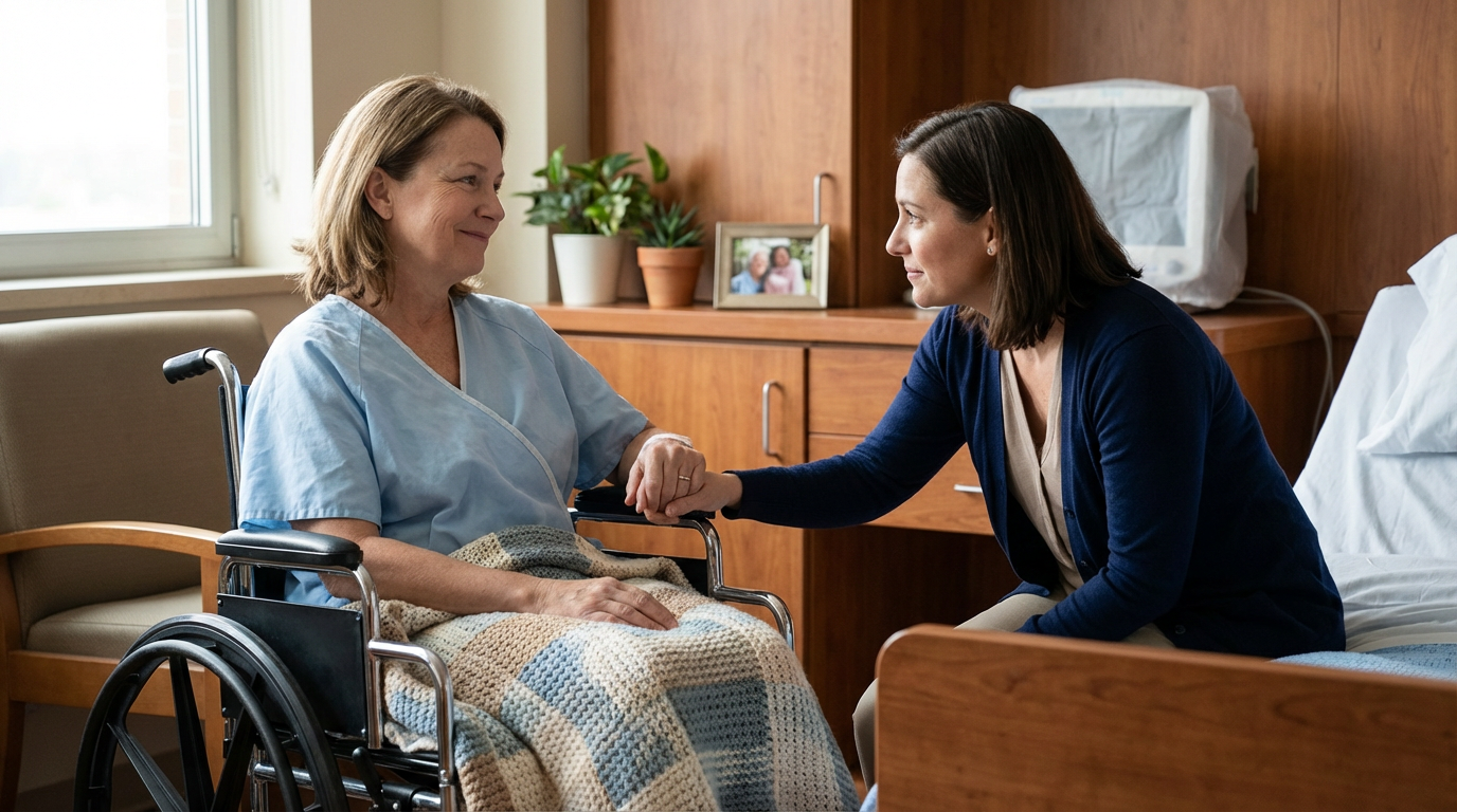 woman giving comfort to family member in hospital