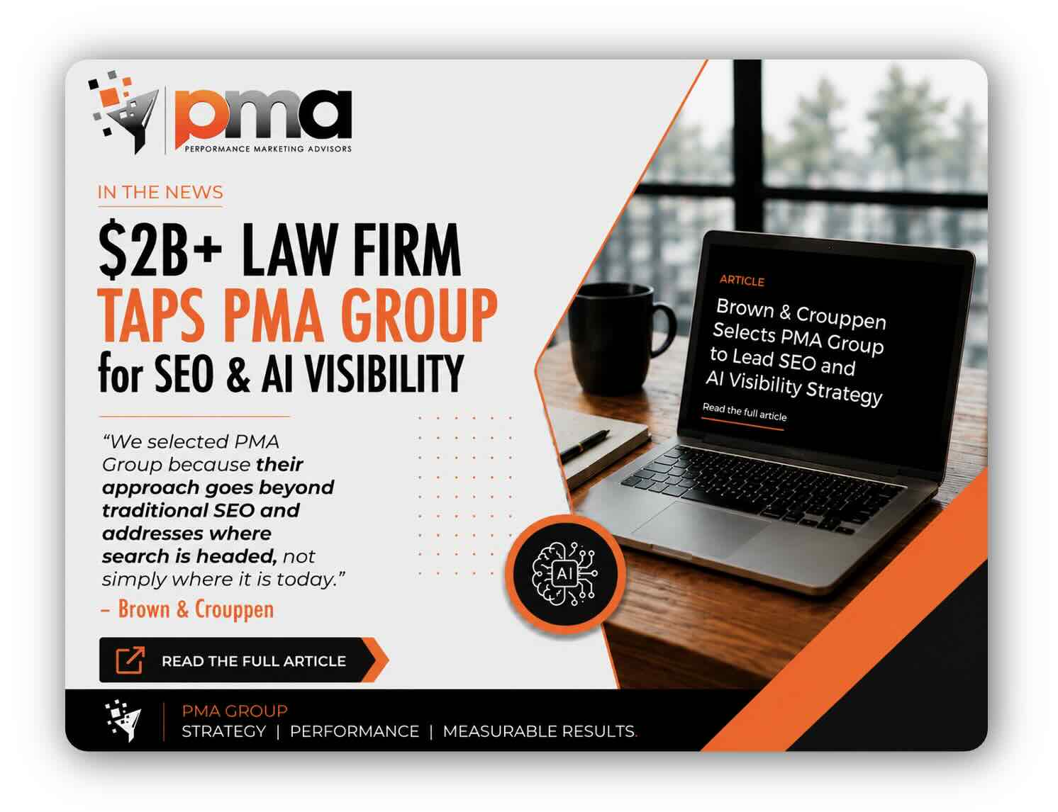 Announcement banner image sharing that a leading midwest law firm has selected PMA Group to manage their SEO and AI visibility strategy