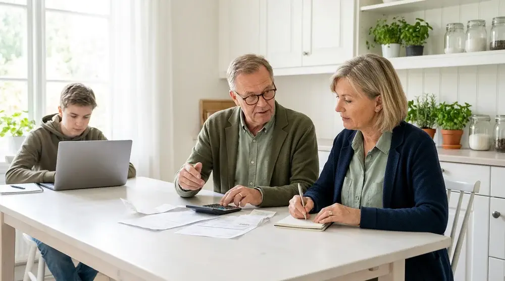 Couple reviewing financial documents related to college planning at kitchen table while son does homework in background