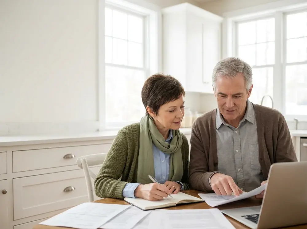 Couple reviewing financial documents at kitchen table
