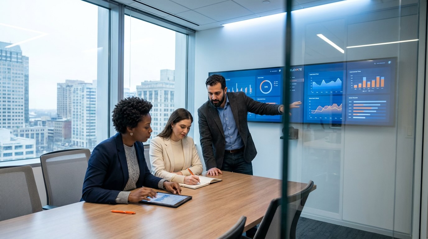 Executive team reviewing digital analytics boardroom