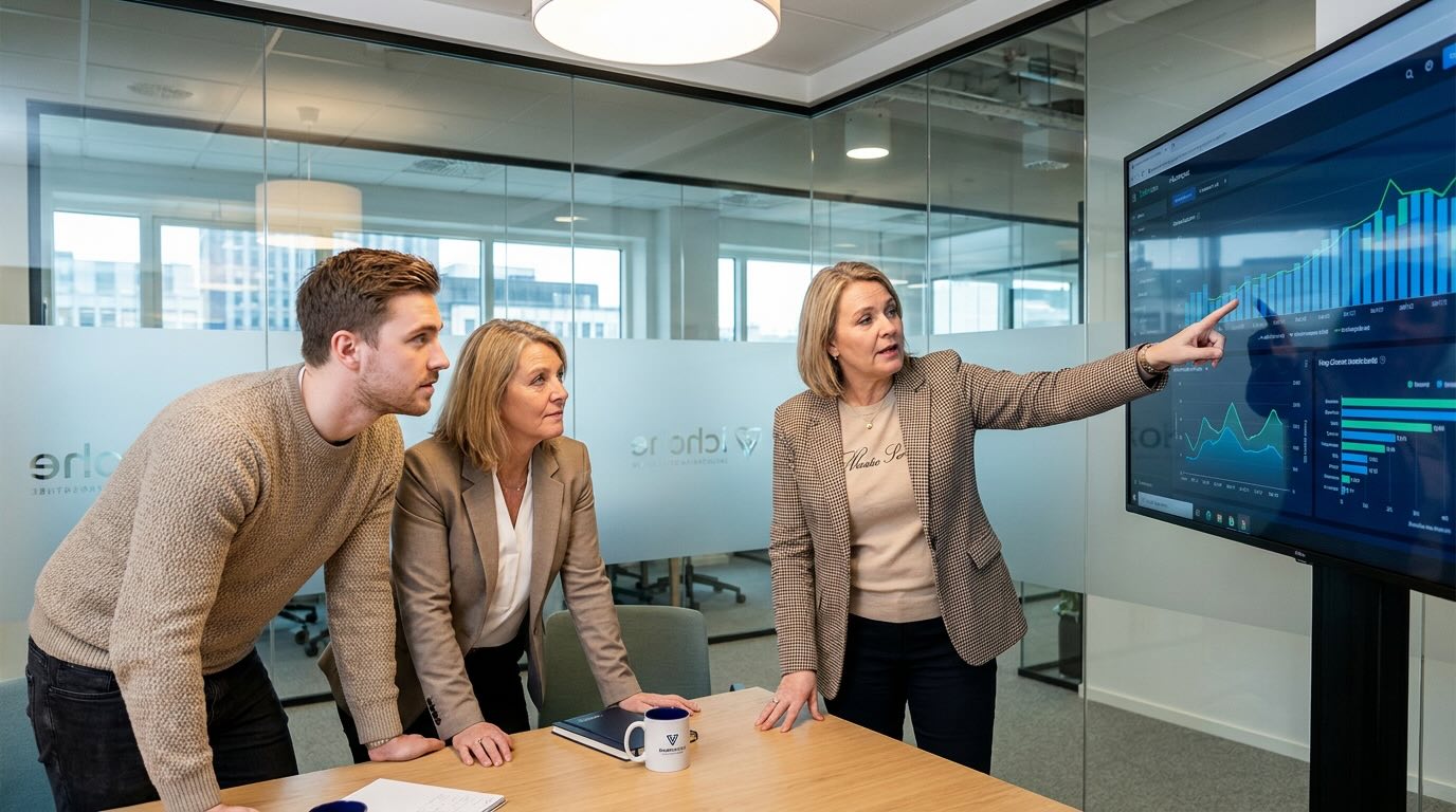 marketing leader reviewing dashboard in conference room